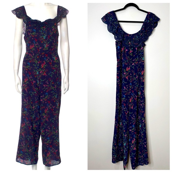 Paloma Blue Silk Navy Ditsy Floral Print Wide Leg Eyelet Sleeveless Jumpsuit - Picture 1 of 11